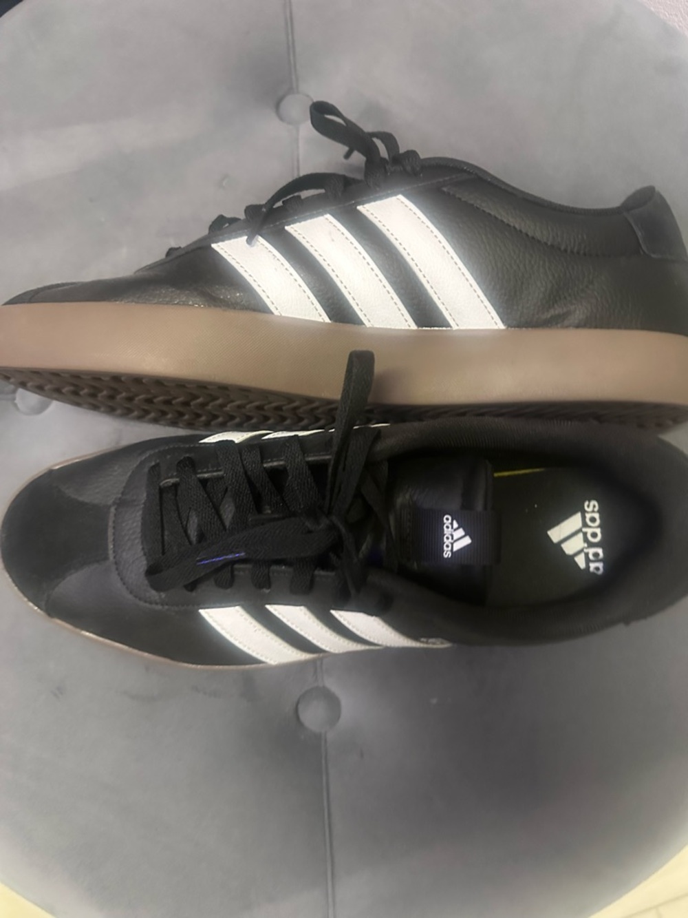 adidas Black Sneakers with White Stripes and Brown Sole